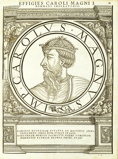 Carolus Magnus, Illustration aus Imperatorum romanorum omnium orientalium et occidentalium verissimae imagines ex antiquis numismatis, Holzschnitt von Rudolph Wyssenbach, gedruckt von Andreas Gesner, Zürich von Hans Rudolf Manuel Deutsch